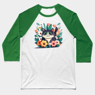 Cat In Flowers Baseball T-Shirt